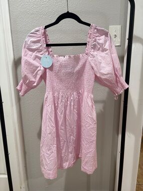 Pink Gingham Smocked Puff Sleeve Mini Dress